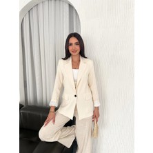Boom Bester Kadın Flam Keten Astarlı Blazer Yazlık Ceket Çizgili Astar Detay Rahat Kalıp Ince Ceket