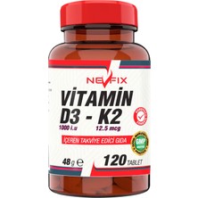120 Tablet İçeren Nevfix Vitamin D3-K2 Takviye Edici Gıda 1000 İU D3 ve 12.5 mcg K2 Vitaminleri