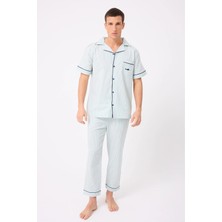 Marısılk™ Seastrıpe Erkek Dokuma Yazlık Kısa Kollu Pantolonlu Pijama & Lounge Takımı Takımı