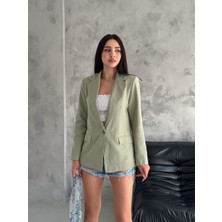 Boom Bester Kadın Flam Keten Astarlı Blazer Yazlık Ceket Çizgili Astar Detay Rahat Kalıp Ince Ceket