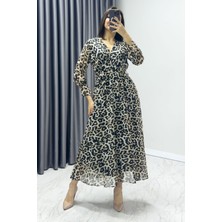 The ZKS Kadın Kruvaze Yaka Desenli Büyük Beden Şifon Midi Elbise Batik, Lacivert Çiçek, Leopar, Sarı Çiçek