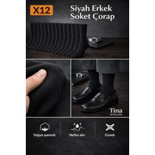 Tina Atelier 12 Çift Pamuklu Düz Erkek Uzun Soket Çorap Siyah Set