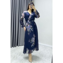 ZKS Grup Tekstil Kadın Kruvaze Yaka Desenli Şifon Büyük Beden Midi Elbise Batik, Lacivert Çiçek, Leopar, Sarı Çiçek