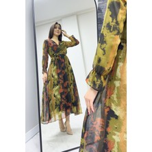 ZKS Grup Tekstil Kadın Kruvaze Yaka Desenli Şifon Büyük Beden Midi Elbise Batik, Lacivert Çiçek, Leopar, Sarı Çiçek