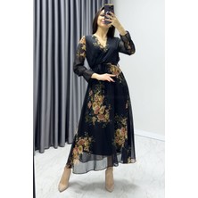 ZKS Grup Tekstil Kadın Kruvaze Yaka Desenli Şifon Büyük Beden Midi Elbise Batik, Lacivert Çiçek, Leopar, Sarı Çiçek