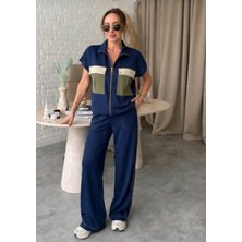 Qimya Butik Buketli Kadın Cep ve Etek Ucu Renkli Paraşüt Kumaş Kolsuz Sweat ve Bol Pantolonlu Alt Üst Ikili Takım