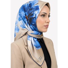 Hadiora Kadın Mavi Bej Çiçek Desenli Kristal Eşarp