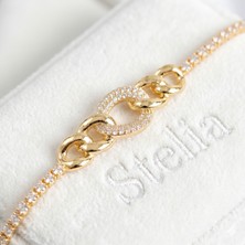 Stelia Zirkon Taşlı Gold Renk Zincir Tasarım Asansörlü Kadın Bileklik