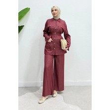 Tesettür Diyarı Polka Kuşaklı Ceket-Pantolon Denim Tesettür Takım- Bordo