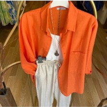 Larisa Collection Koyu Truncu Kadın Oversize Tek Cepli Keten Gömlek