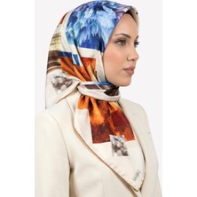 Hadiora Kadın Mavi Krem Soyut Desenli Kristal Eşarp