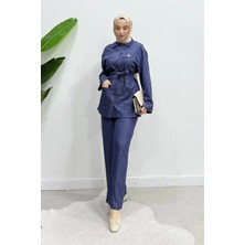 Tesettür Diyarı Polka Kuşaklı Ceket-Pantolon Denim Tesettür Takım- Indigo
