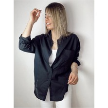 Durmaz Kadın Oversize Keten Gömlek Siyah Regular Fit Yazlık Cep Detaylı Şık Tasarım