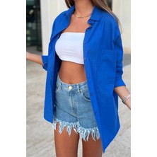 Biss Butik Saks Mavi Jakarlı Bir Yapısı Vardır Hafıf Toktur Standart Beden Oversize Keten Gömlek