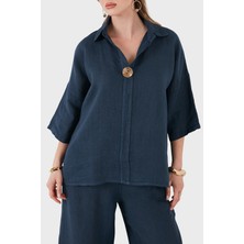 Viadante Via Dante Relaxed Fit Düğme Detaylı Klasik Yaka Keten Bluz Bayan Bluz 6617821