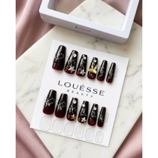 Louesse Beauty Louésse Galaxy Noir Takma Tırnak Seti 12’li  Kırmızı Siyah Geçişli Yıldız Taşlı Şık Model