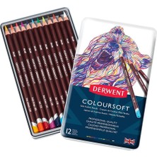Derwent Coloursoft Kuru Boya Kalem Seti 12 Renk Metal Kutu Yumuşak Dokulu Profesyonel Kalemler