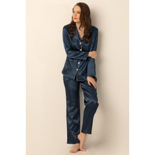 Doremi Kadın Uzun Kollu Saten Pijama Takımı Şık Tasarım Özellikleri ile Lacivert Renk