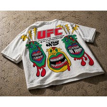 Oversize Beyaz Tişört – Ufc Baskı Desenli, %100 Pamuk, Unisex Streetwear
