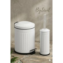 BYSEVİL Vintage Beyaz 2 Li Çöp Kovası Çöp Kutusu Banyo Seti Çizgili Model 5 Litre ve Wc Fırçası Seti