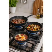 Sanal Box Elmas Kitchen 3'lü Granit Döküm Tava Seti - Yanmaz Yapışmaz 20-24-28 cm Siyah Set