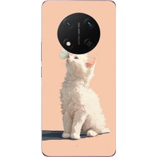 Le Balvo Honor Magic 7 Lite Uyumlu Beyaz Kelebekli Kedi Baskılı Silikon Kılıf