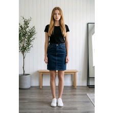 Hies Yırtmaçlı Lacivert Denim Yüksek Bel Likralı  Cepli  Kısa Kot Etek