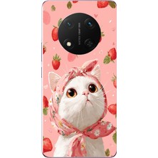 Le Balvo Honor Magic 7 Lite Uyumlu Örtülü Kedi Çilekli Baskılı Silikon Kılıf
