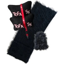 Tusba Market Tofaş Torpido Üstü Uzun Tüylü Siyah Peluş Örtü & Polar Boyun Yastığı & Vites Püskülü & Oto Ayna İpi