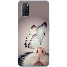Le Balvo Oppo A52 Uyumlu Kelebekli Kedi Baskılı Silikon Kılıf