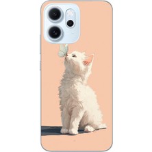 Le Balvo Oppo Reno 14F Uyumlu Beyaz Kelebekli Kedi Baskılı Silikon Kılıf