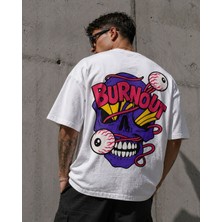 Oversize Beyaz Tişört – Burnout Baskı Desenli, %100 Pamuk, Unisex Streetwear