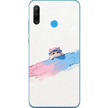 Le Balvo Huawei P30 Lite Uyumlu Pembe Mavi Kedi Baskılı Silikon Kılıf