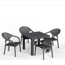 Asil Konsept 90 x 90 Bambu Plastik Rattan Camsız Bahçe Balkon Teras Kare Masa Takımı 4 Kolçaklı Sandalyeli