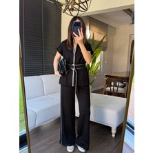 Qimya Butik Keyymod Kadın Biyeli Tokalı Kısa Kol Ceketli Lastikli Pantolonlu Alt Üst Ikili Modal Takım