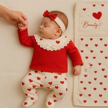 Zeynuko Kız Bebek Kalpli Dantelli Beauty Battaniyeli 0-3 Ay 7'li Yenidoğan Hastane Çıkışı Zıbın Seti