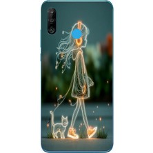 Le Balvo Huawei P30 Lite Uyumlu Kedili Neon Kız Baskılı Silikon Kılıf