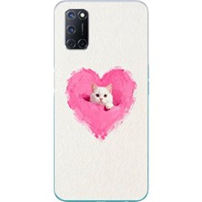 Le Balvo Oppo A52 Uyumlu Pembe Kalpli Kedi Baskılı Silikon Kılıf