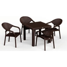 Asil Konsept 90 x 90 Bambu Plastik Rattan Camsız Bahçe Balkon Teras Kare Masa Takımı 4 Kolçaklı Sandalyeli