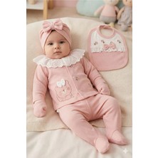 Zeynuko Kız Bebek Süslü Ayıcıklı Dantelli 5'li Set Yenidoğan Hastane Çıkışı Zıbın Seti
