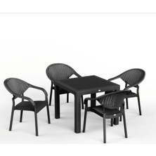 Asil Konsept 90 x 90 Bambu Plastik Rattan Camsız Bahçe Balkon Teras Kare Masa Takımı 4 Kolçaklı Sandalyeli