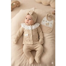 Zeynuko Kız Bebek Süslü Ayıcıklı Dantelli 5'li Set Yenidoğan Hastane Çıkışı Zıbın Seti