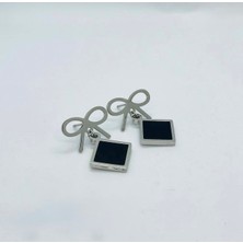 Stainless Stell Stainles Steel 316L Çelik Gold Fiyonk Detaylı Siyah Sallantılı Küpe