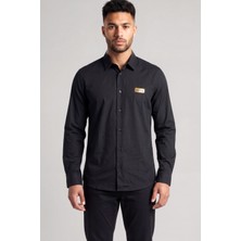 Versace Erkek Metalik Logo Detaylı Normal Kalıp Pamuklu Uzun Kollu Siyah-Altın Gömlek 80GALCS1 CNY17-G89