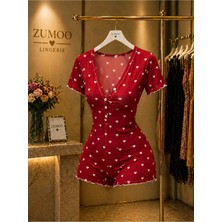 Zumoo Kalp Desenli Kadın Tulum Pijama Düğmeli Şort Tulum Ev Giyim Rahat Şık