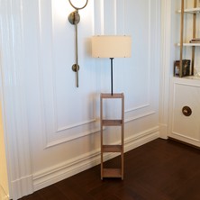 Homing Dekoratif Raflı Vizon Kumaş Lambader Ahşap Ayaklı Modern Tasarım Salon Aydınlatması