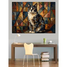 Tablomega Geometrik Desenli Modern Kedi Portresi Dekoratif Kanvas - Mdf Ahşap Tablo