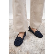 Mio Gusto Capri Hakiki Süet Lacivert Renk Kadın Loafer Ayakkabı