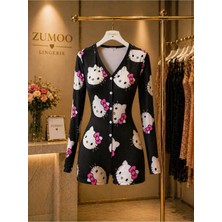 Zumoo Desenli Kadın Tulum Pijama Düğmeli Uzun Kollu Şort Tulum Ev Giyim Rahat