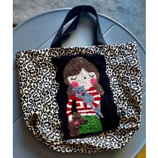 Sepetciliz Punch Nakışlı Çanta, Leopar Tote Çanta, Kedili Omuz Çantası,punch Nakışlı Leoparçanta